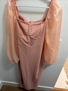 SHEIN Peach Organza Puff Sleeve Midi Dress with Studded Bust